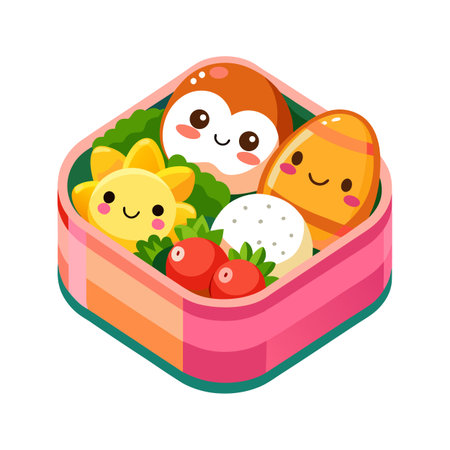 Cute and colorful bento box filled with cartoon character shaped food and snacksのイラスト素材