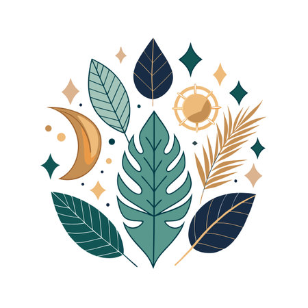 Bohemian Style Botanical Arrangement with Moon Sun and Geometric Shapes on White Backgroundのイラスト素材