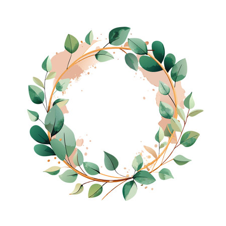 Elegant watercolor floral wreath with eucalyptus leaves and peach accents on a white background.のイラスト素材