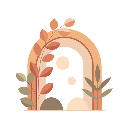 Abstract design featuring arch, plants, and circles in soft neutral earth-tone colors.のイラスト素材
