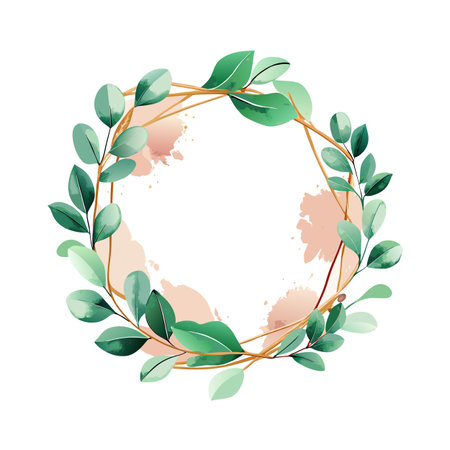 Elegant Eucalyptus Wreath with Gold Geometric Frame and Watercolor Accents for Wedding Invitationsのイラスト素材