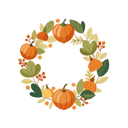 Autumnal Wreath with Pumpkins, Berries, and Leaves: A Seasonal Celebrationのイラスト素材