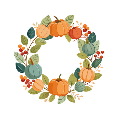 Autumnal Wreath with Pumpkins, Berries, and Leaves in Warm Fall Colorsのイラスト素材