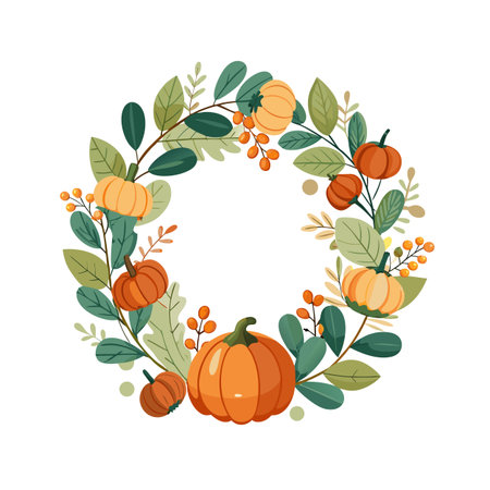 Autumn Wreath with Pumpkins, Berries and Foliage on White Backgroundのイラスト素材
