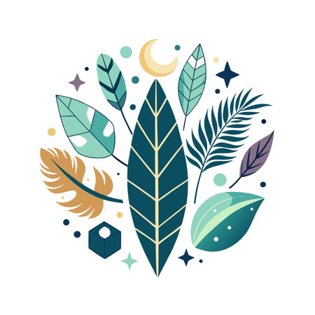 Graphic Circle of Diverse Flat Design Leaves, Moon, and Stars Against White Backgroundのイラスト素材