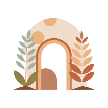 Abstract Botanical Archway Illustration with Earth Tones and a Minimalist Compositionのイラスト素材