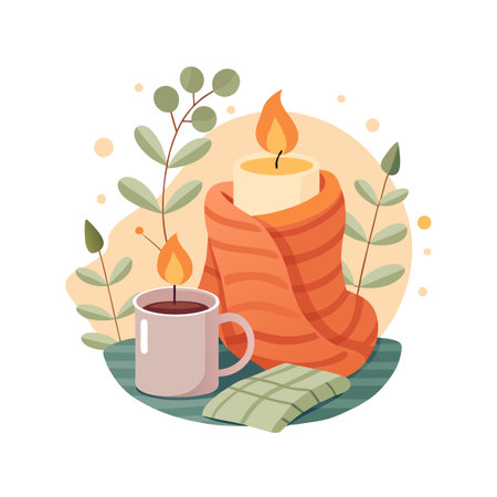 Cozy Still Life with Candle, Mug, and Blanket in Warm and Comforting Colorsのイラスト素材