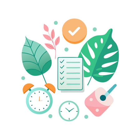 Creative flat illustration of task management with checklist, clock, leaves, and other elements.のイラスト素材