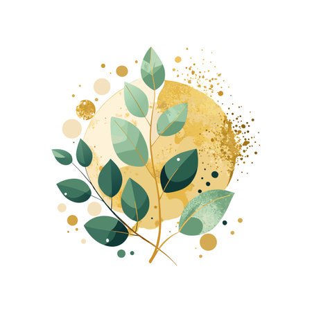 Elegant Foliage Design with Golden Accents and Abstract Circular Background Elementsのイラスト素材