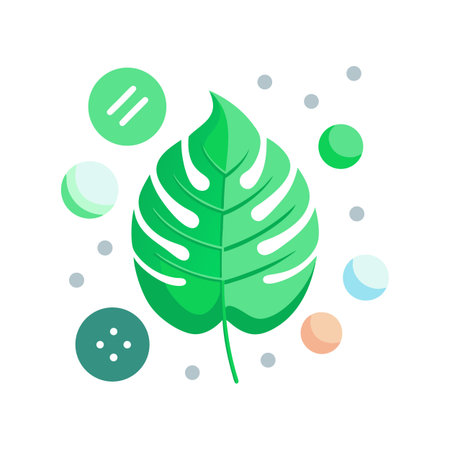 Stylized monstera leaf surrounded by pastel orbs on a white backgroundのイラスト素材