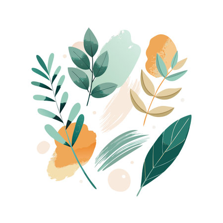 Abstract botanical vector illustration with leaves, branches and brush strokes on a white backgroundのイラスト素材
