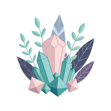 Pastel Crystal Cluster with Botanical Accents on White Background, Flat Designのイラスト素材