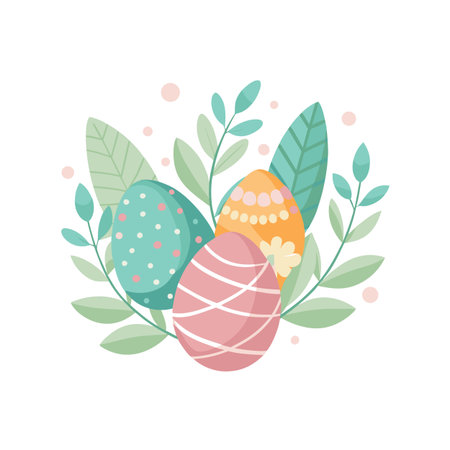Pastel Easter Egg Arrangement with Foliage in a Delicate Flat Style Designのイラスト素材