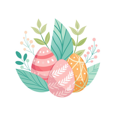 Decorative Easter Egg Arrangement with Pastel Colors and Leafy Green Accents on Whiteのイラスト素材