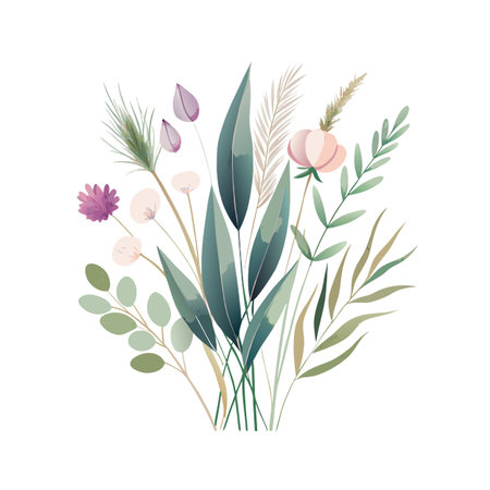 Watercolor floral arrangement featuring pastel flowers and greenery on a white backgroundのイラスト素材