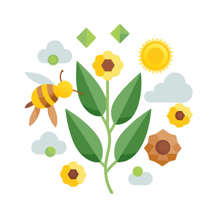 Bee Pollinating Flat Design Sunflower with Clouds, Sun, and Diamond Accents on a White Backgroundのイラスト素材