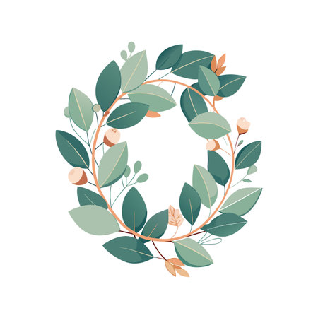 Botanical Wreath with Green Leaves, Pink Accents and Pale Branch Frame on White Backgroundのイラスト素材