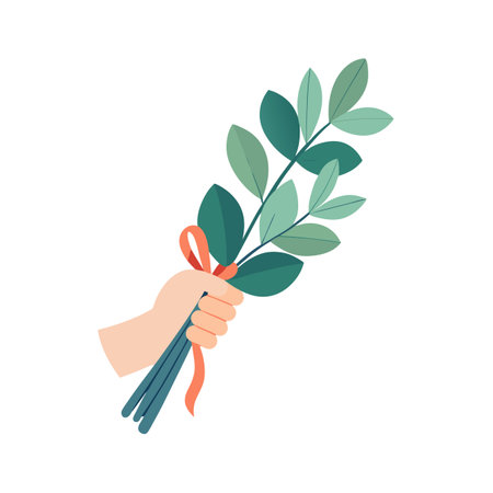 Hand Holding Bouquet of Green Leaves Tied with Ribbon in Flat Design Styleのイラスト素材
