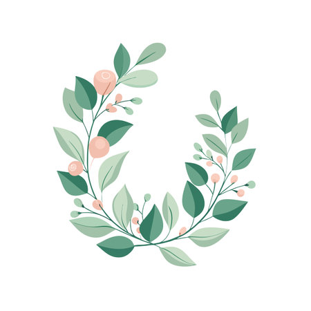 Elegant floral wreath featuring soft green leaves and delicate peach berries on a white backgroundのイラスト素材