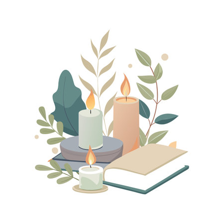 Cozy Still Life with Candles, Books and Plants, Flat Vector Illustrationのイラスト素材