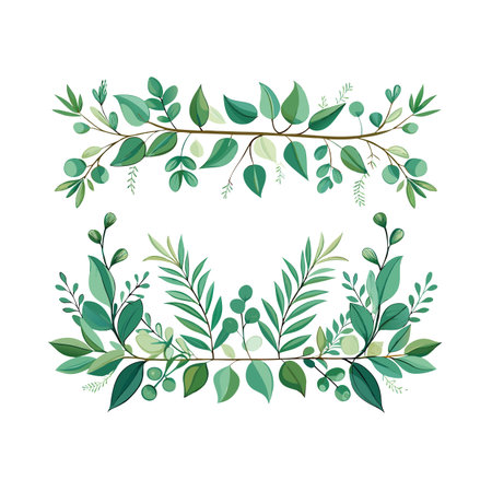 Elegant botanical borders featuring lush green foliage, branches, and small budding details on white backgroundのイラスト素材