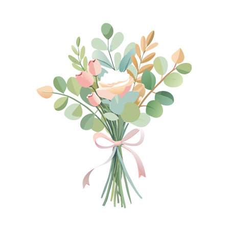 Watercolor Floral Bouquet with Pastel Ribbon on White Background, Perfect for Wedding Invitationsのイラスト素材