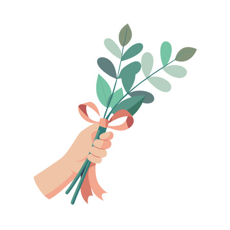 Hand holding botanical bouquet with ribbon on white background for greeting cardのイラスト素材