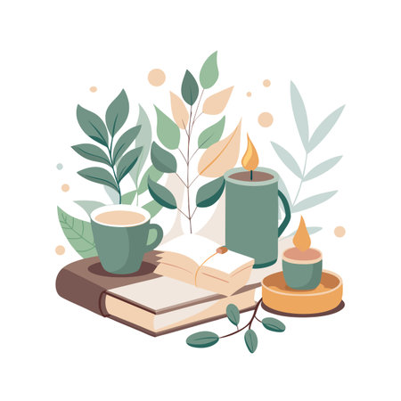 Cozy Still Life with Coffee, Books, Candles, and Foliage Illustrationのイラスト素材