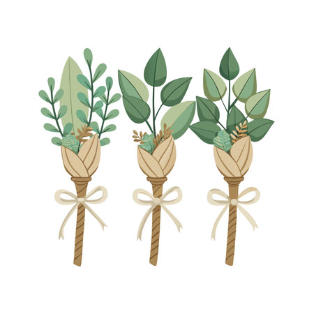 Elegant botanical boutonnieres with leaves and textured wraps tied with simple bows, isolated on whiteのイラスト素材