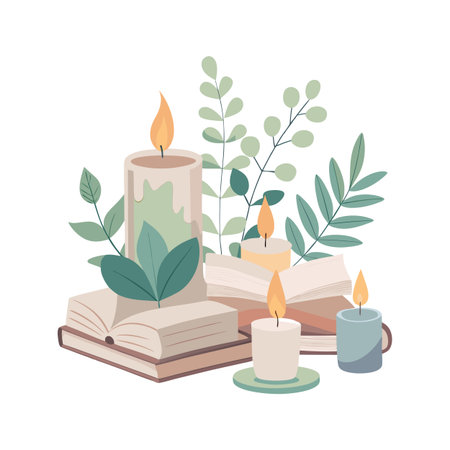 Cozy Still Life with Candles, Books, and Greenery in Flat Vector Styleのイラスト素材