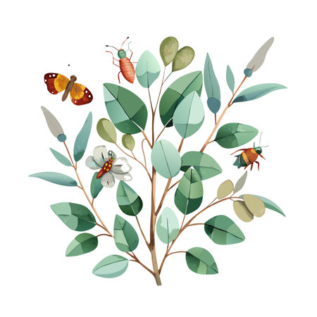 Watercolor Illustration of Eucalyptus Branch with Butterfly, Bugs and Flower on White Backgroundのイラスト素材