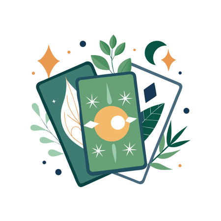 Boho Tarot Card Illustration with Botanical Elements and Celestial Symbols on White Backgroundのイラスト素材