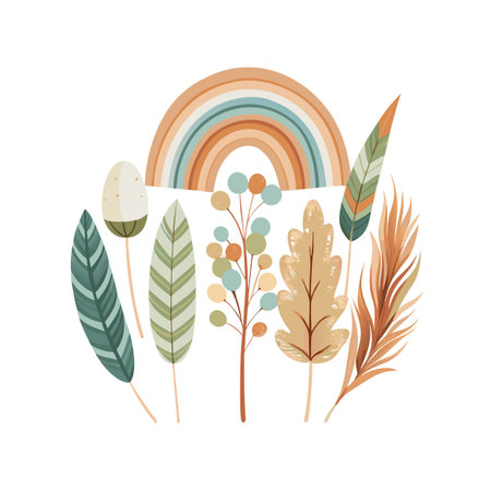 Boho Style Rainbow and Plant Illustrations for Nursery Decor and Wall Art Designのイラスト素材