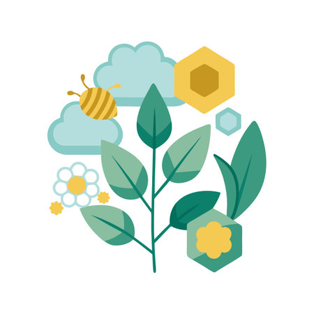 Bee and Blossoms: Flat Vector Illustration of Nature's Bounty and Geometric Shapesのイラスト素材