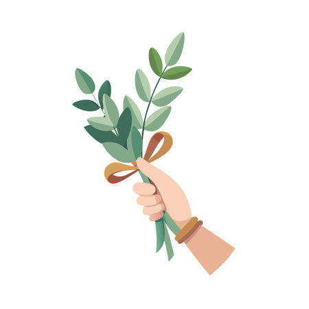 Hand holding green plant bouquet with ribbon, vector illustration for greeting cards or brandingのイラスト素材