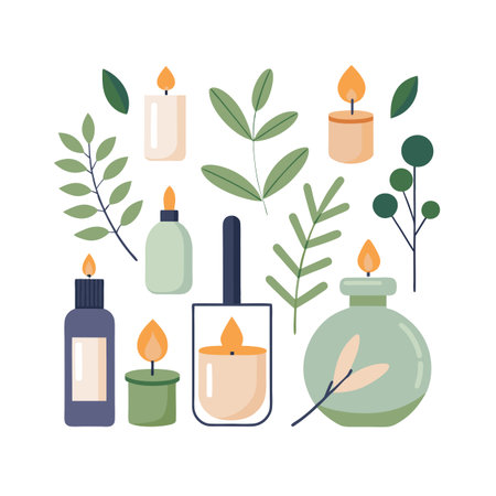 Flat Vector Candles and Leaves Arranged on White Background for Decorative Useのイラスト素材