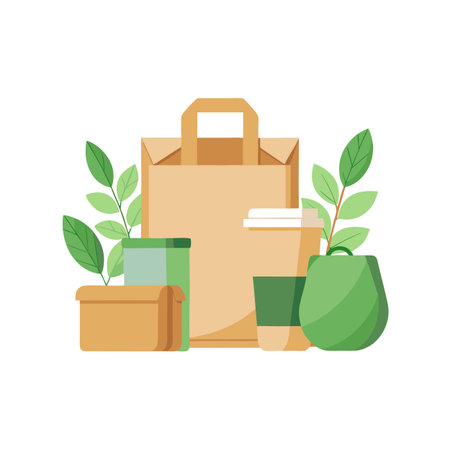 Minimalist Composition of Paper Bag, Coffee Cup and Plants for Sustainable Living Conceptのイラスト素材
