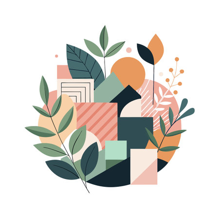 Geometric Floral Composition: A modern botanical arrangement with abstract shapes and natural elementsのイラスト素材