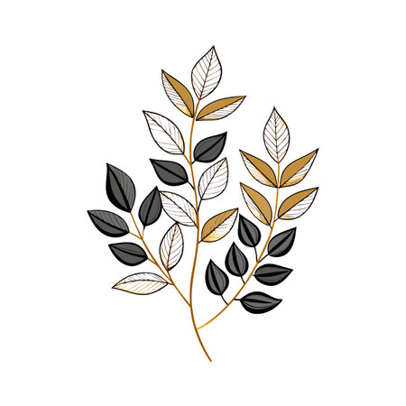 Minimalist botanical illustration featuring branches with grey, white and golden leaves on a white background.のイラスト素材