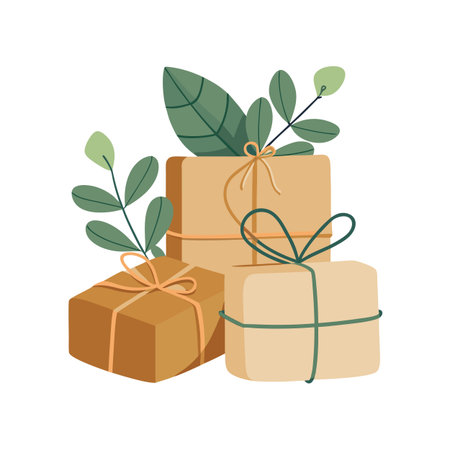 Stack of gift boxes with bows and leaves, celebratory concept in flat style illustrationのイラスト素材