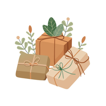 Three beautifully wrapped presents with foliage accents, isolated on a white backgroundのイラスト素材