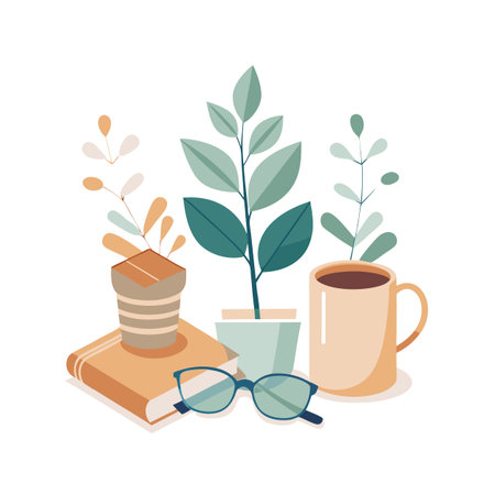 Cozy Workspace Still Life with Plants, Book, Coffee, and Eyeglasses on a White Backgroundのイラスト素材