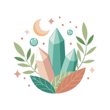 Boho crystal cluster with moon and stars, surrounded by green and orange stylized leavesのイラスト素材