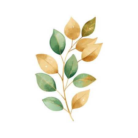 Watercolor Illustration of a Eucalyptus Branch with Green and Gold Leaves on White Backgroundのイラスト素材