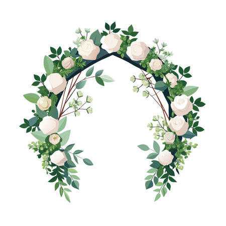 Elegant floral half arch featuring white roses and various green foliage on a white background.のイラスト素材
