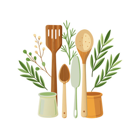 Assorted Wooden Kitchen Utensils and Green Herbs Arrangement on White Backgroundのイラスト素材