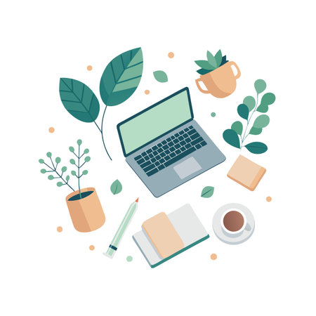 Flat lay workspace with laptop, coffee, plants, and notebook for creative workのイラスト素材