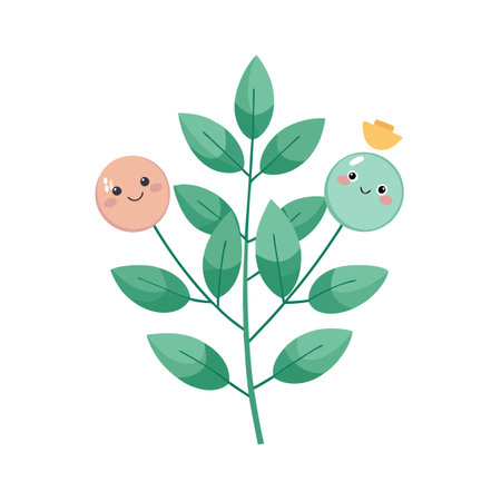 Botanical illustration of a plant with happy fruit characters on a white backgroundのイラスト素材