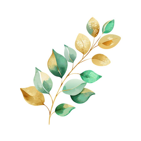 Elegant watercolor leaf branch illustration with gold and green hues for design projectsのイラスト素材