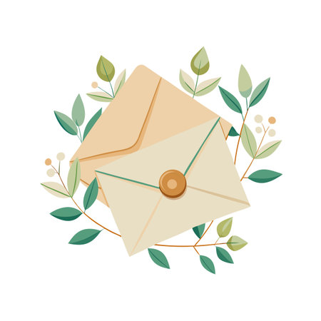 Elegant invitation concept: Two stylized envelopes surrounded by botanical elements on a white backgroundのイラスト素材